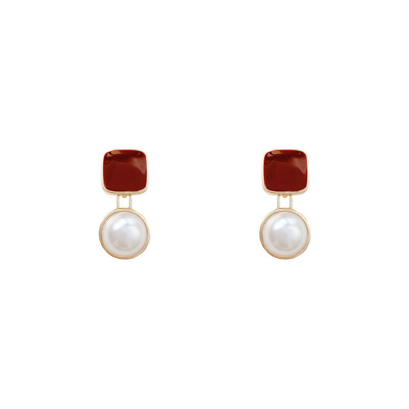 Square Wine Red Drop Oil Pearl Earrings