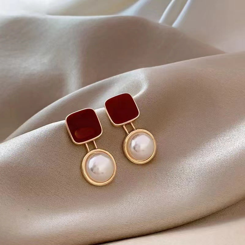 Square Wine Red Drop Oil Pearl Earrings