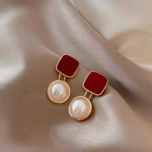 Square Wine Red Drop Oil Pearl Earrings